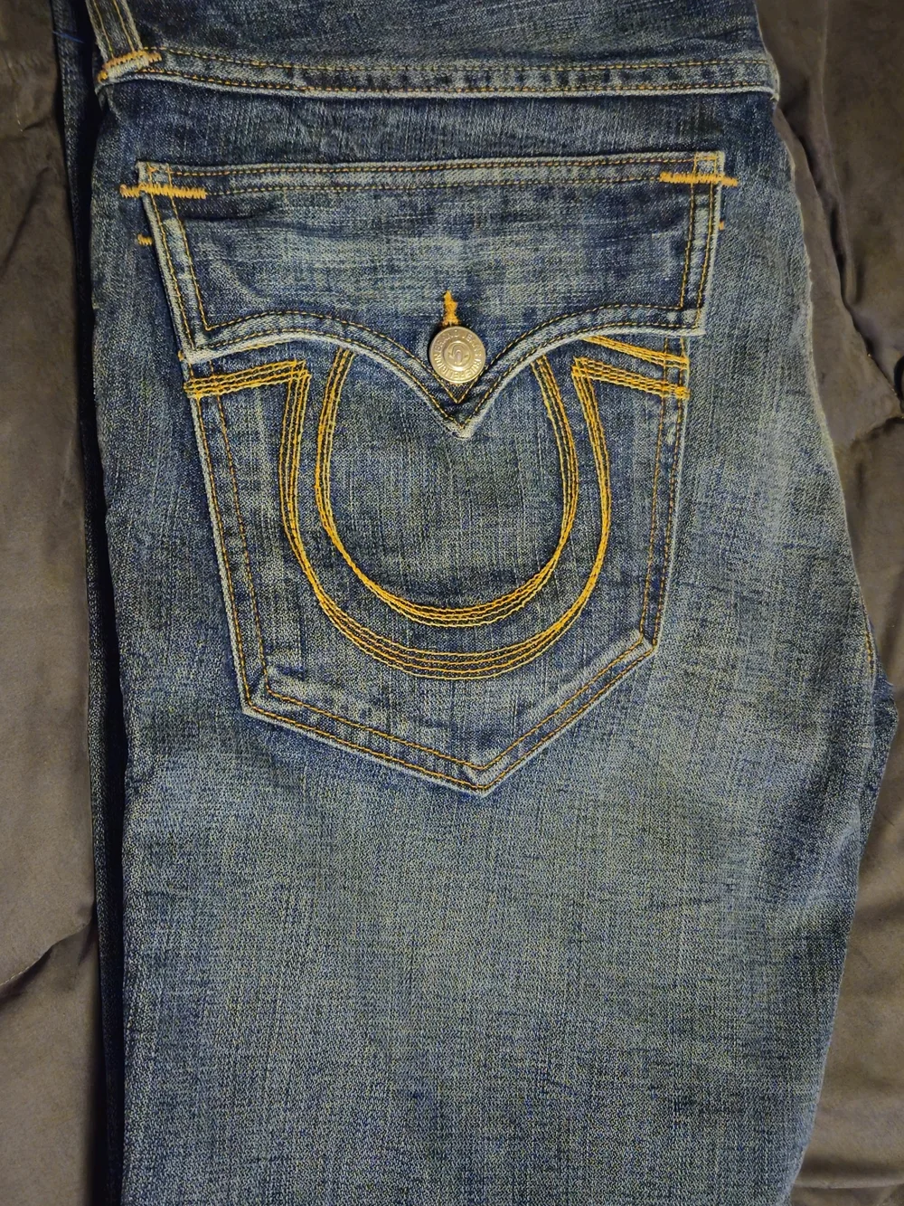 True Religion Mens Straight Leg Jeans in Blue with Yellow Stitching
